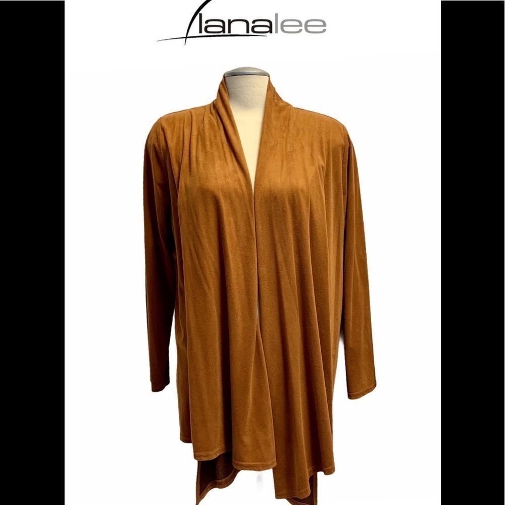LANALEE faux suede camel coloured open front asymmetrical cardigan sweater Sz L